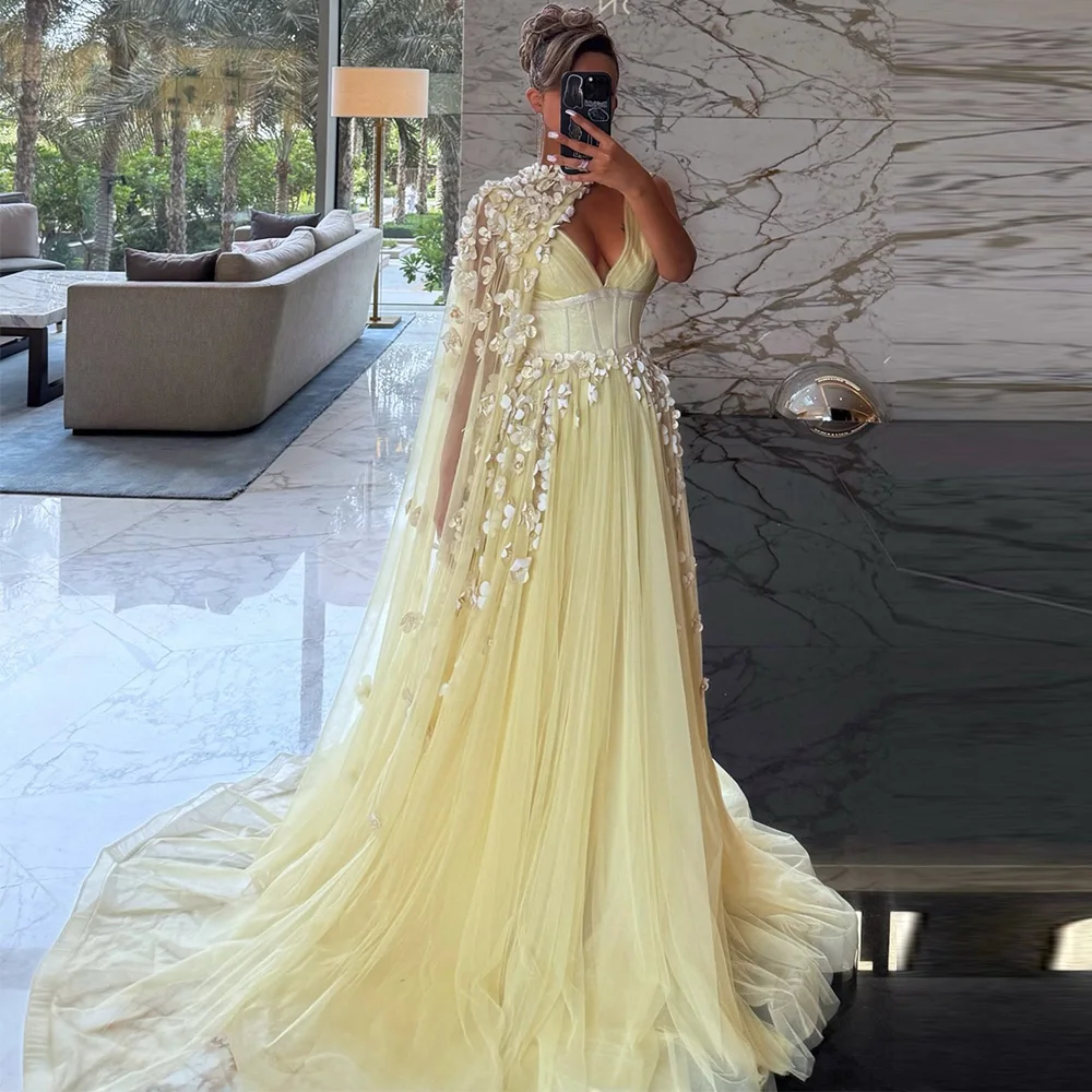 Clássico personalizado flores artesanais tule vestido de noite sexy com decote em v sem mangas vestido de celebridade com xale vestido de baile de alta qualidade