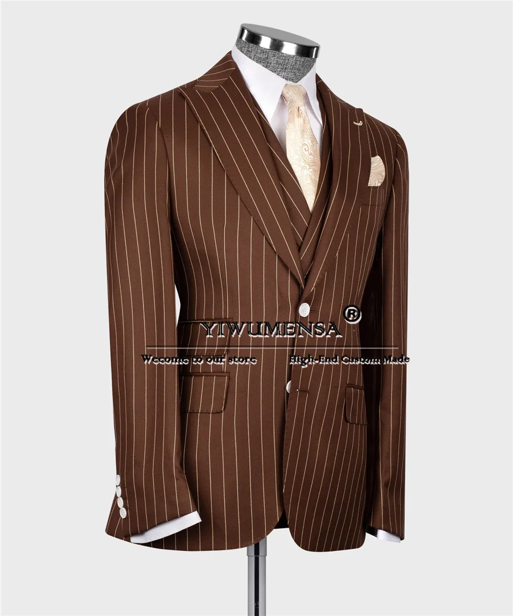 Brown Striped Tuxedo Formal Party Single Breasted Jacket Vest Pants 3 Pieces Set Groom Wedding Suit Business Trajes Para Hombre