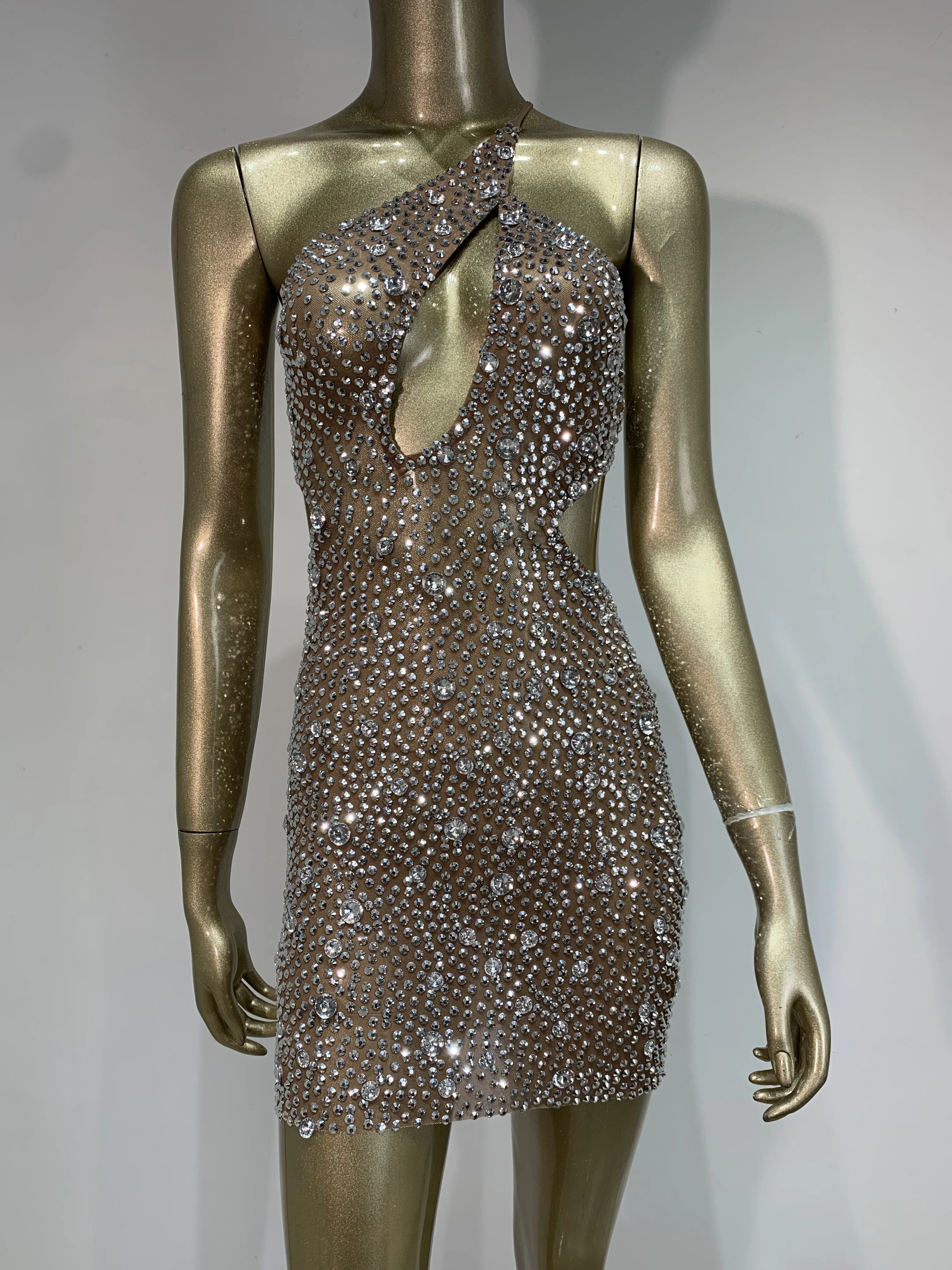 

Women Sexy Backless Sparkly Rhinestone Prom Gown Luxury Birthday Evening Party Mini Dress Nightclub Singer Stage Costume