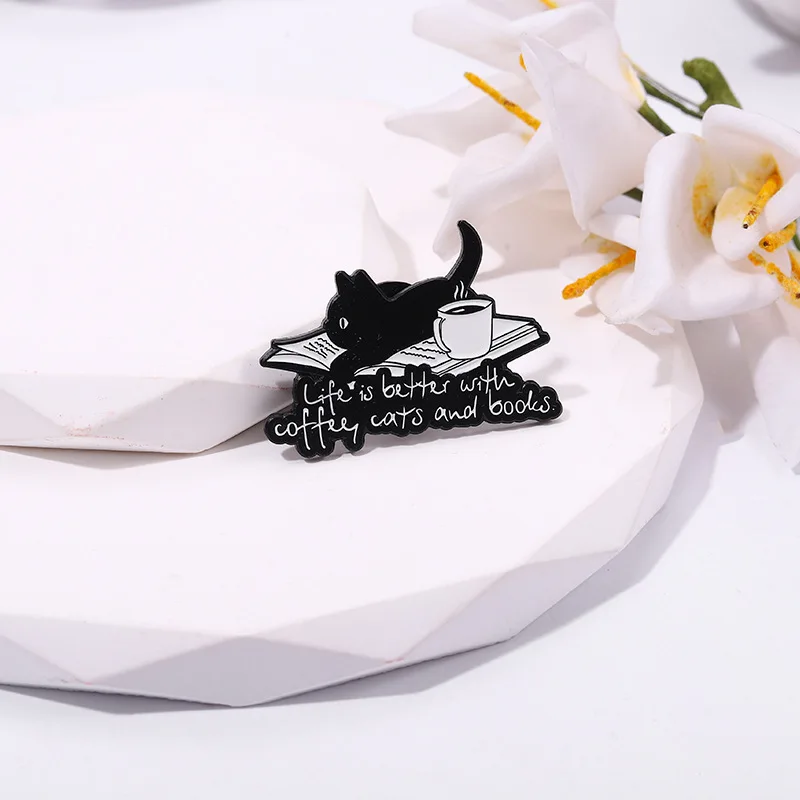 Cute Cartoon Animal Enamel Pin Life is Better with Coffee Cats and Books Brooch Decorative Metal Lapel Jewelry Badge for Friends