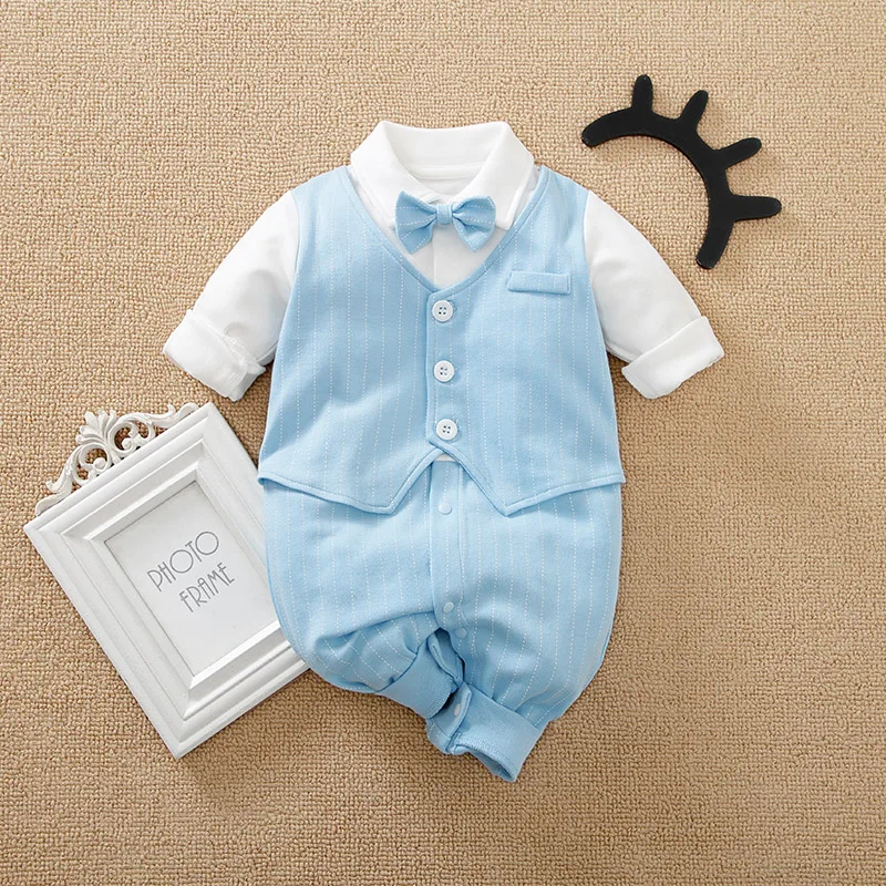

Autumn and Spring 100% Cotton Long Sleeve Knitted Newborn Baby Boy Toddler Jumpsuit Onesie Cute Cool Sky Blue Bowknot New Style