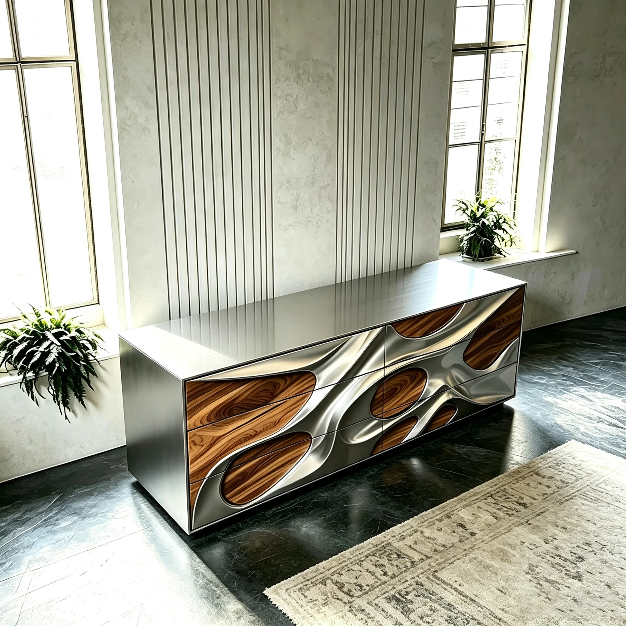 N*-Organic Fluid Walnut Wood Metal Fiberglass Storage Cabinet 6 Drawers for Modern Art Home Decor