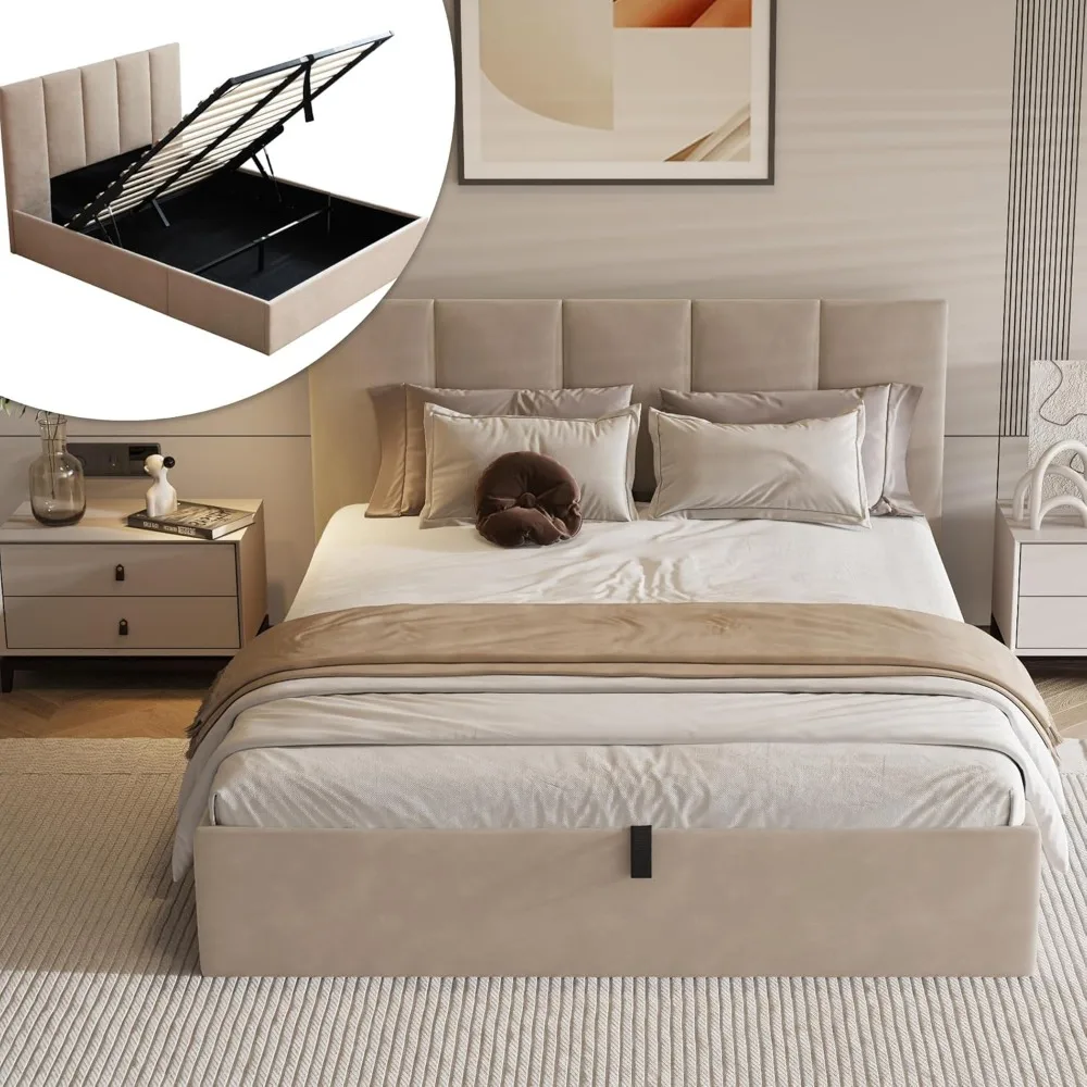 Velava Cama de almacenamiento elevable tamaño queen, estructura de cama tapizada de lino hidráulico con cabecero de panel vertical, soporte de listones de madera