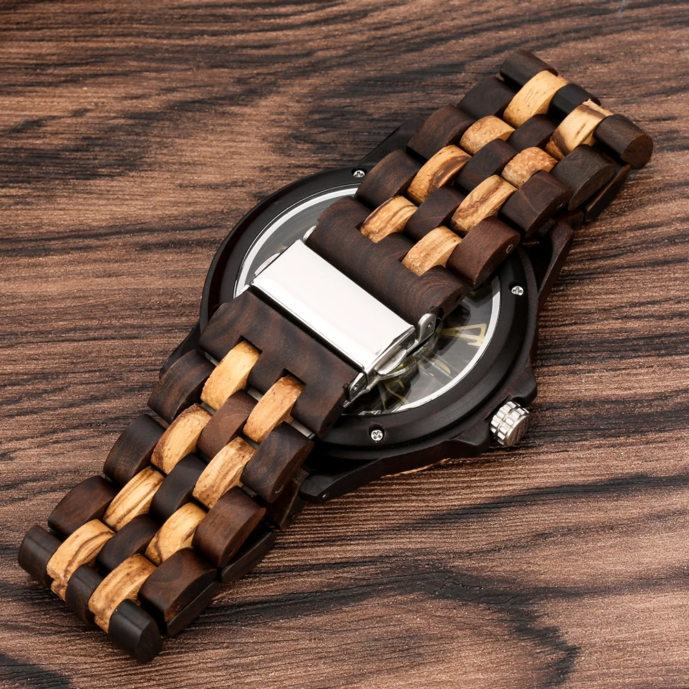 Chic Transparent Hollow Arabic Numerals Dial Quartz Wooden Men Watch Quartz Movement Vintage Natural Full Wooden Watch Band