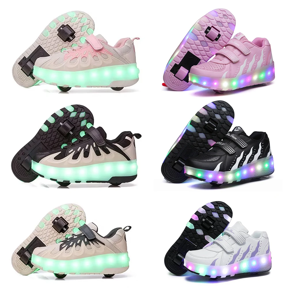 2025 Kids Roller Sneaker Shoes Led Light Girl Outdoor Skating Flying Breathable 2 Wheels Blade Sport Gear Summer Gift Skates Red