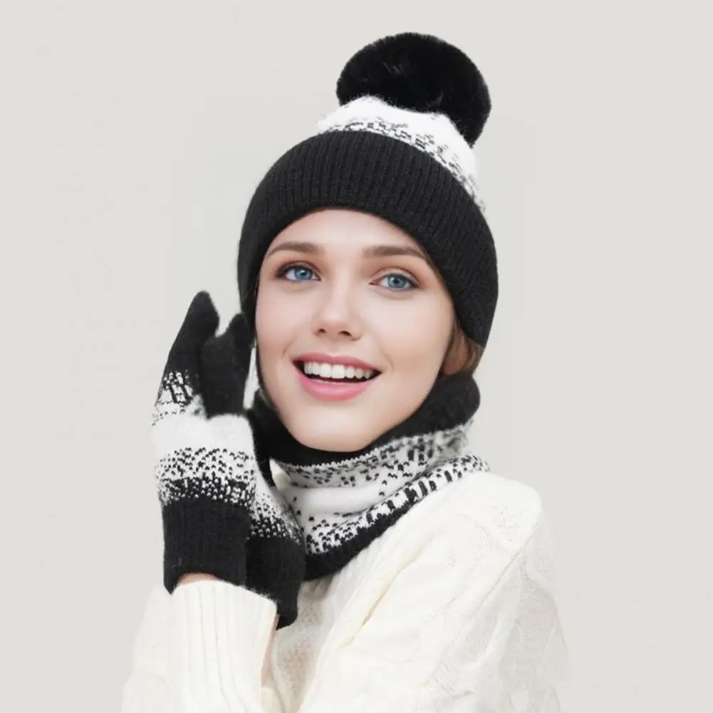 Weather Accessories 3pcs Winter Hat Scarf Gloves Set with Plush Ball Decor Thickened Plush Lining Neck Gaiter Touchscreen