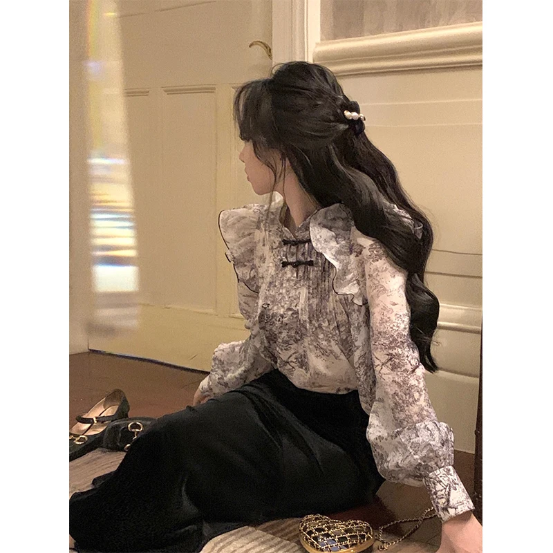 

New Chinese Sle Watercolor Painting Small Flng Sve irt Women's Autumn Design Sense National Sle Buttoned irt