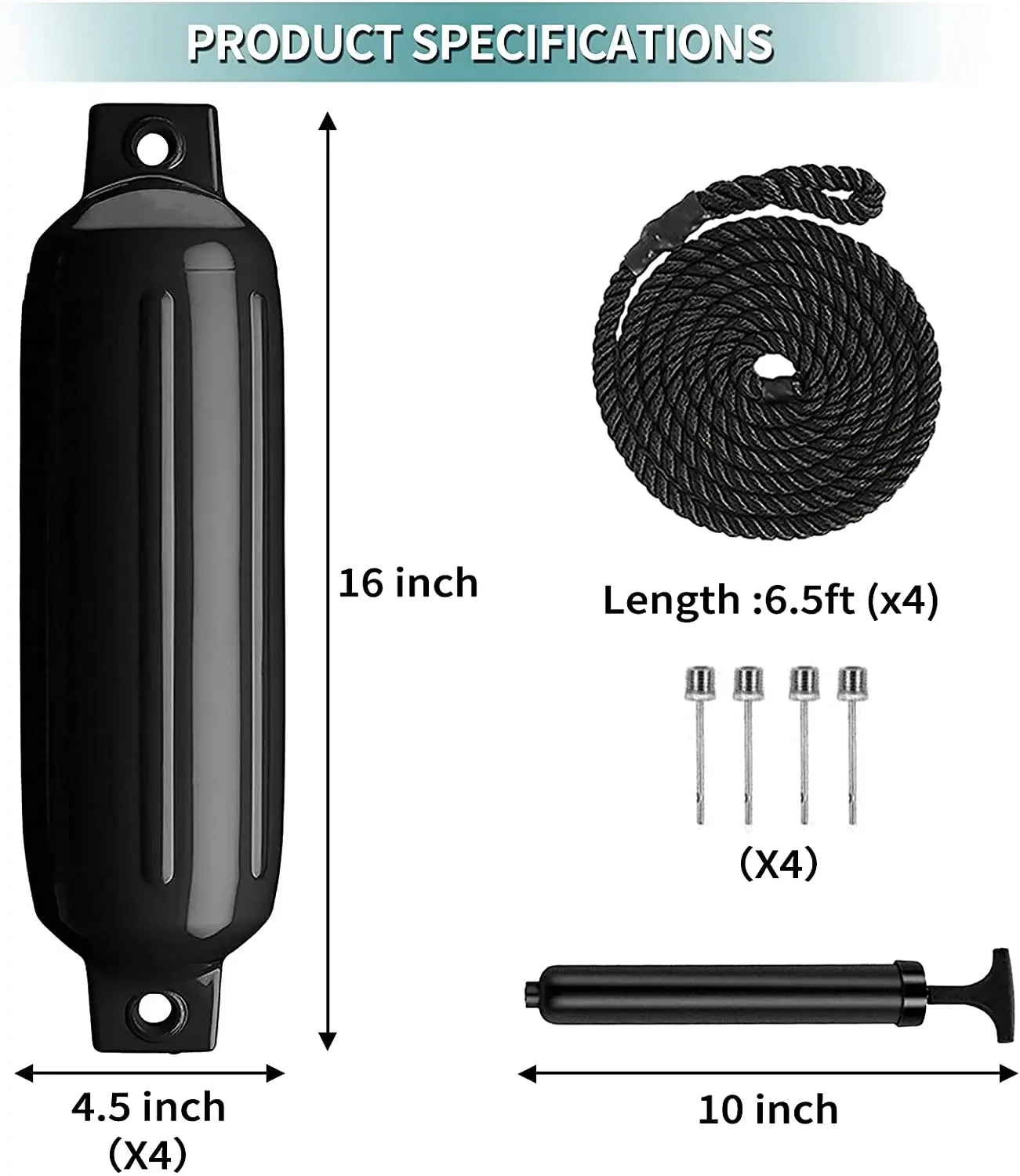 4 Pack 4.5'' x 16''/110x 400mm Boat Inflatable Bumper Fender  PVC Boat Buoy  lines pump and cover protection Boat Parts