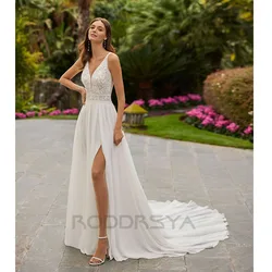 RODDRSYA Boho Wedding Dress Woman Elegant V-Neck Lace Applique Backless Bridal Gown vestido novia Chiffon Split Civil Customized