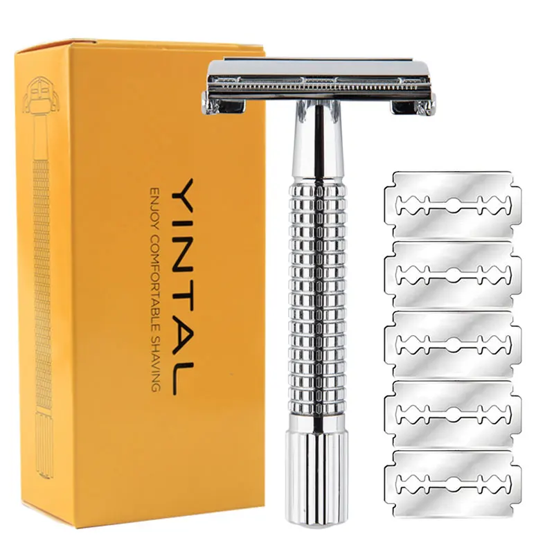 YINTAL Double Edge Safety Razor Brass Surface Plating Men\'s Manual Portable Shaver Grid Anti-skid Handle With 5 Blades