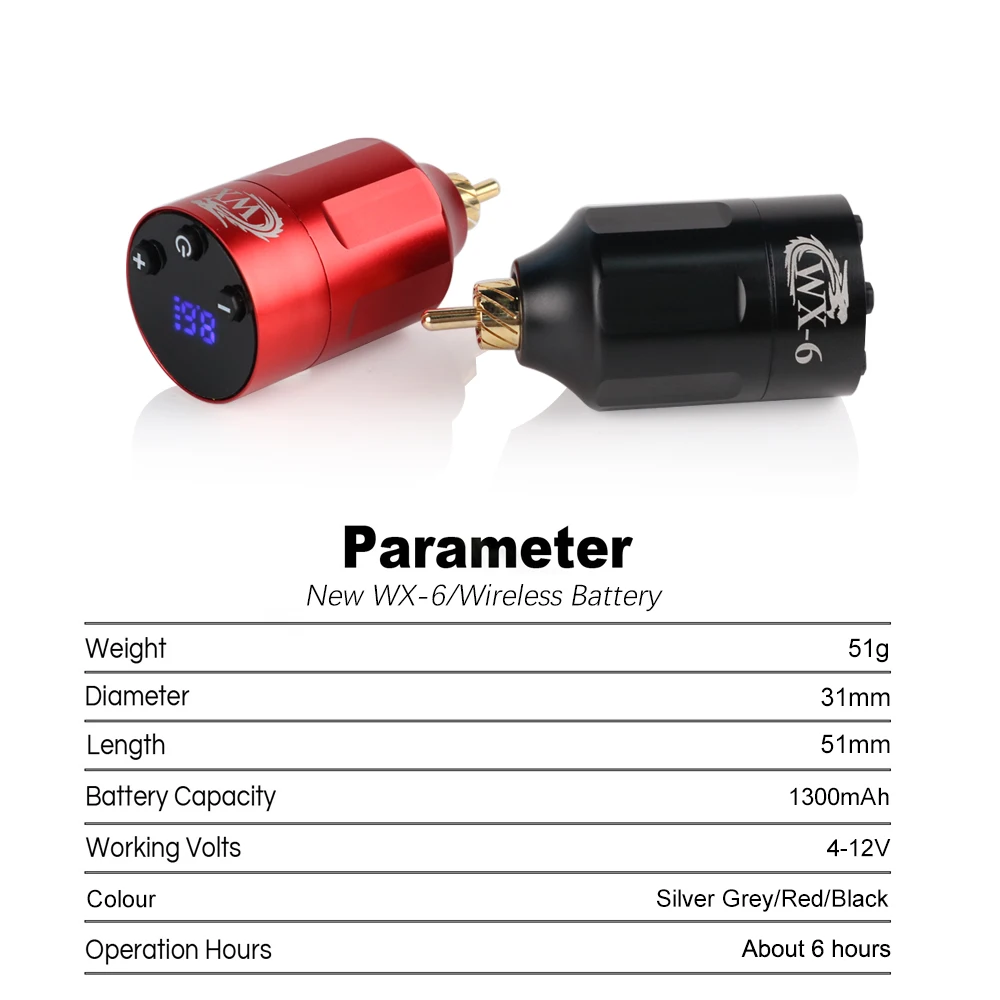 WX-6 Bezprzewodowy zasilacz do tatuażu Mini zasilacz do tatuażu 1300MAH RCA/DC do obrotowej maszynki do tatuażu Materiały do makijażu permanentnego