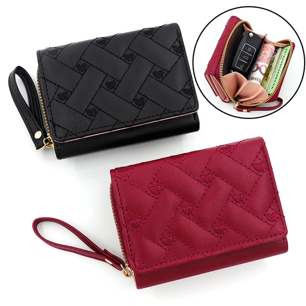 Women Large Capacity Coin Purse Fashion New Triple Fold Card Bag Short Wallet Multi Love Heart Embroidered Moneybag 5 Colors