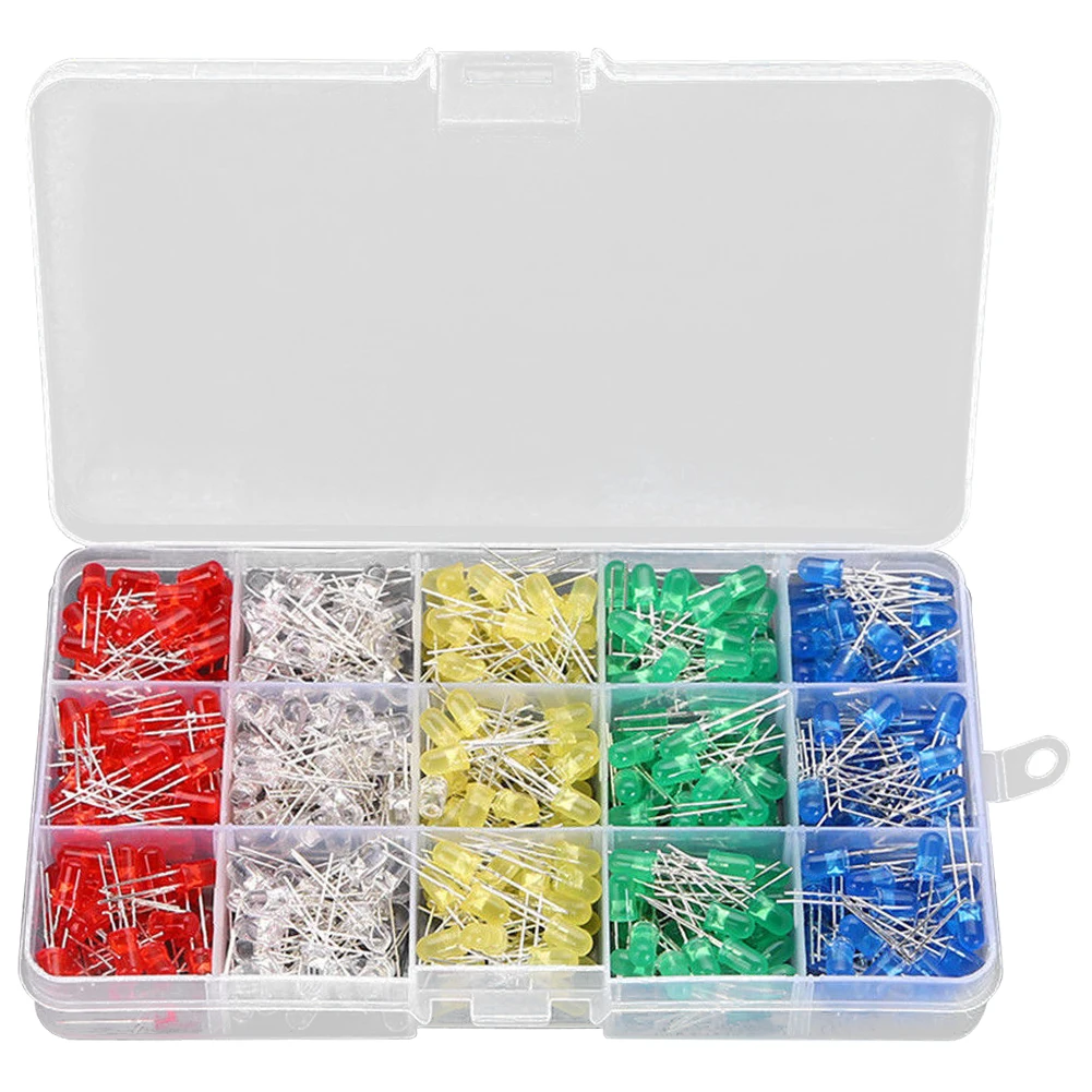 500Pcs LED Light-Emitting Diode Red Yellow Blue Green White 5MM Light Emitting Diode Assortment for DIY Electrical Maintenance