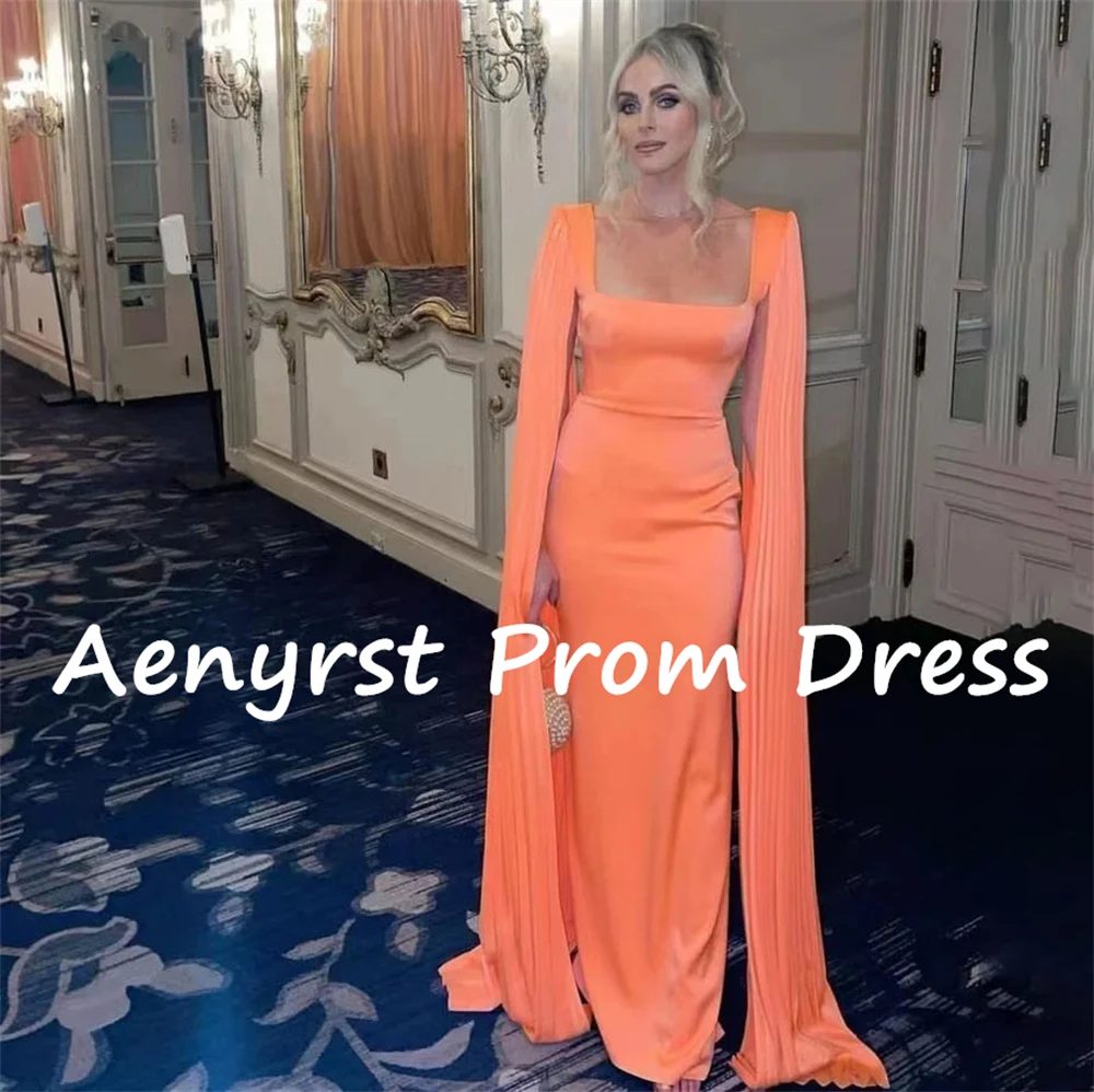 Aenyrst-Vestido largo de satén con cuello cuadrado para mujer, traje de noche largo hasta el suelo, estilo sirena, color naranja, para fiesta y Cena