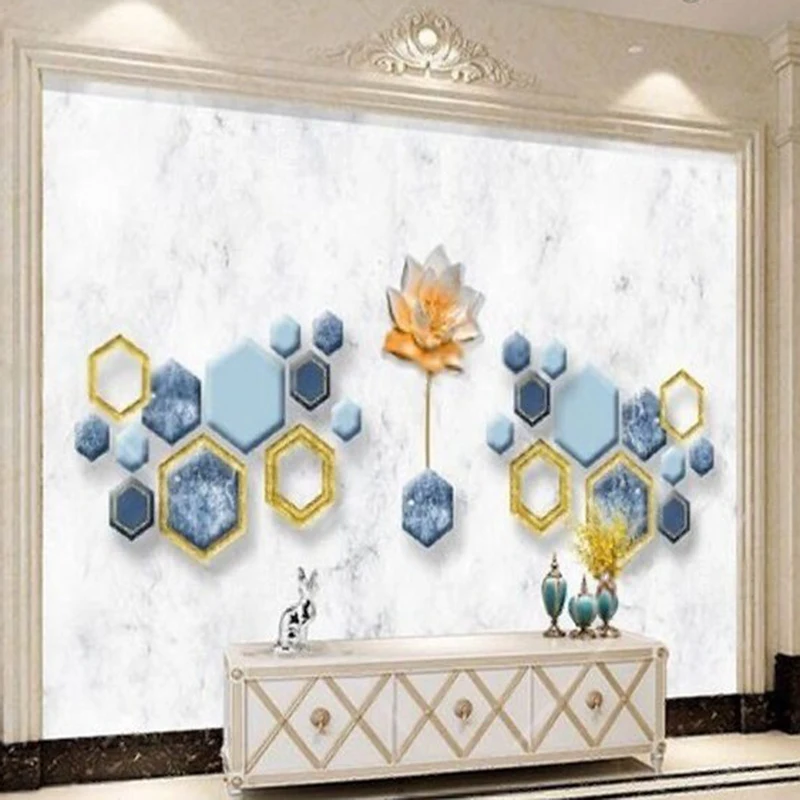 Fashionable and simple marble geometric abstract English gold leaf lotus root TV luxurious home bedroom background wall