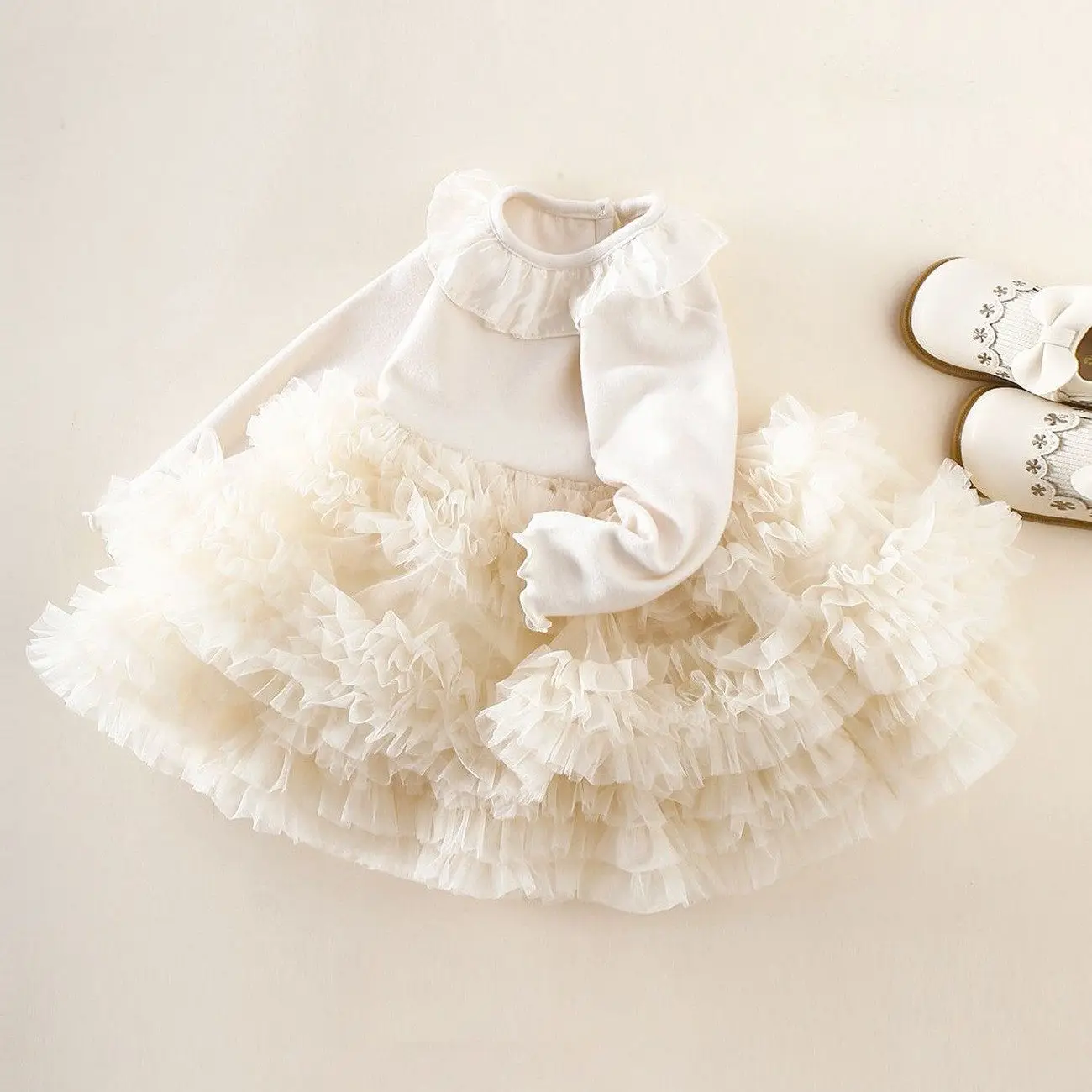 Sweet Girls Tiered Dress Spring Autumn Long Sleeve Ruffles Collar Tulle Puffy Dress Soft Comfortable Toddler Girls Dress