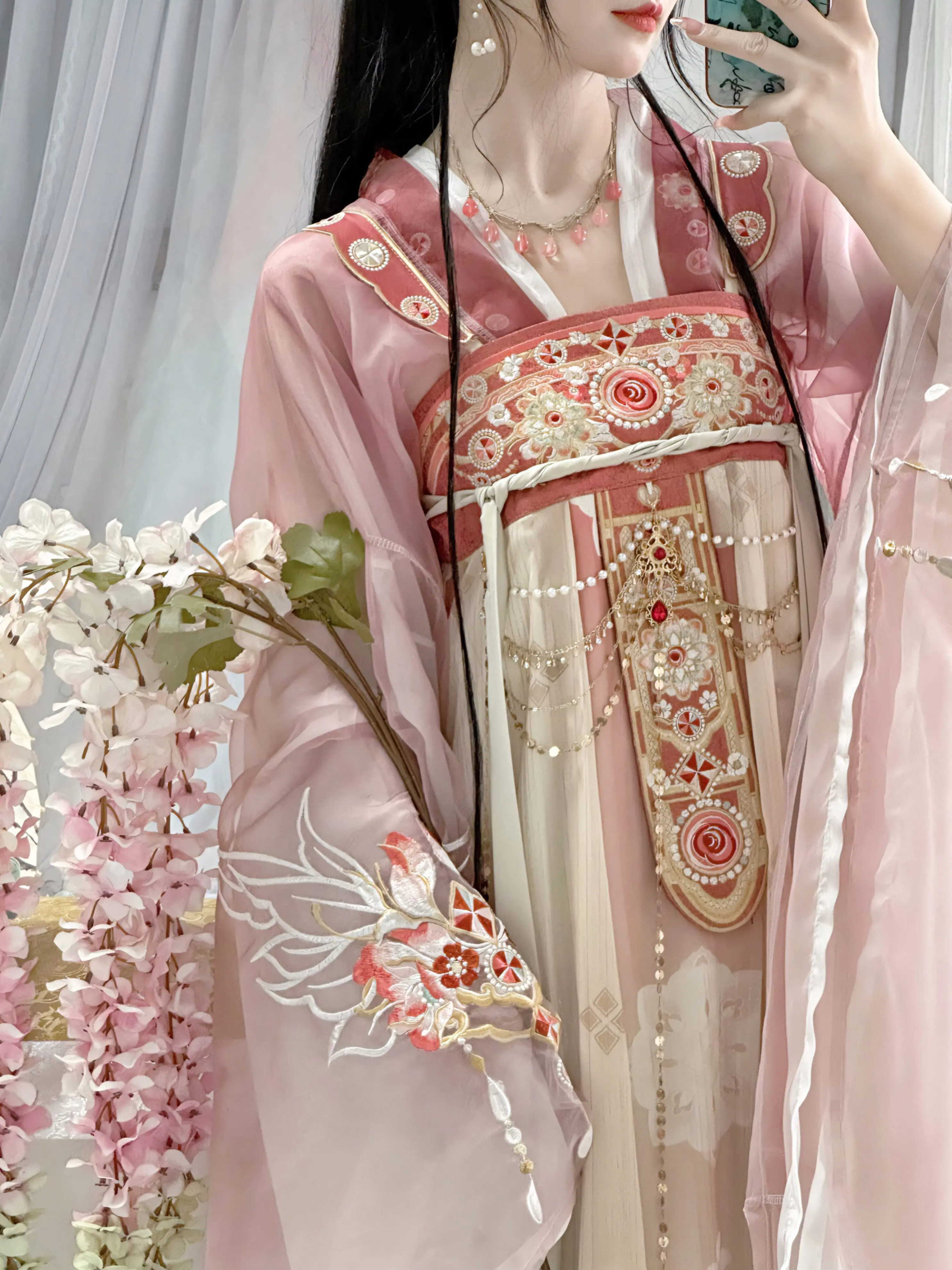 

Spring Flowers Embroidery A Chest-length Ruqun Daily Chinese Hanfu Set Pink Green Sweet Elegance Cute