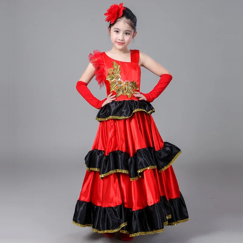 Spanish Costume Girl Long Red Flamenco Dress Ballroom Skirt For Girls Child Dance Dresses Costumes For Kids Clothes