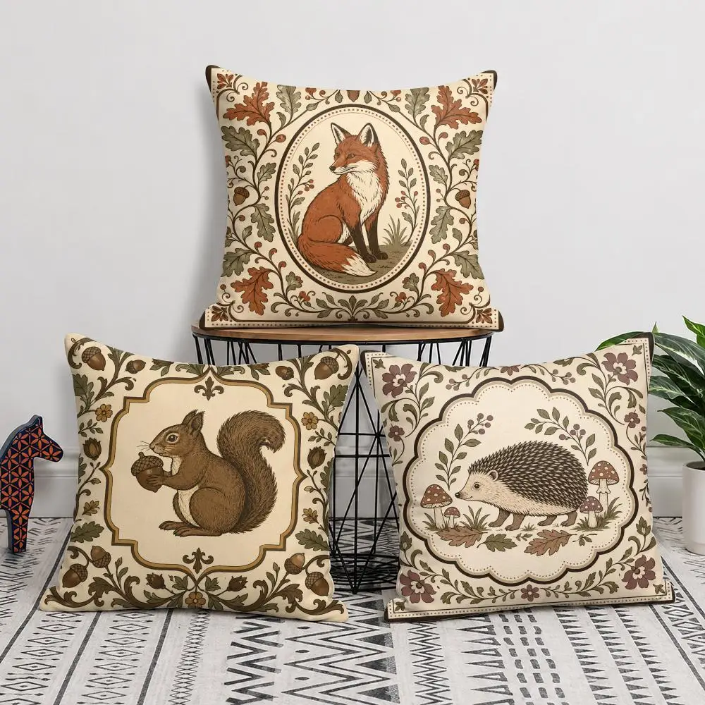 Folk Art Rabbit Fox Deer Animals Cushion Cover Soft Short Plush Throw Pillow Cover Cushion Case for Sofa Bedroom Home Decor Gift