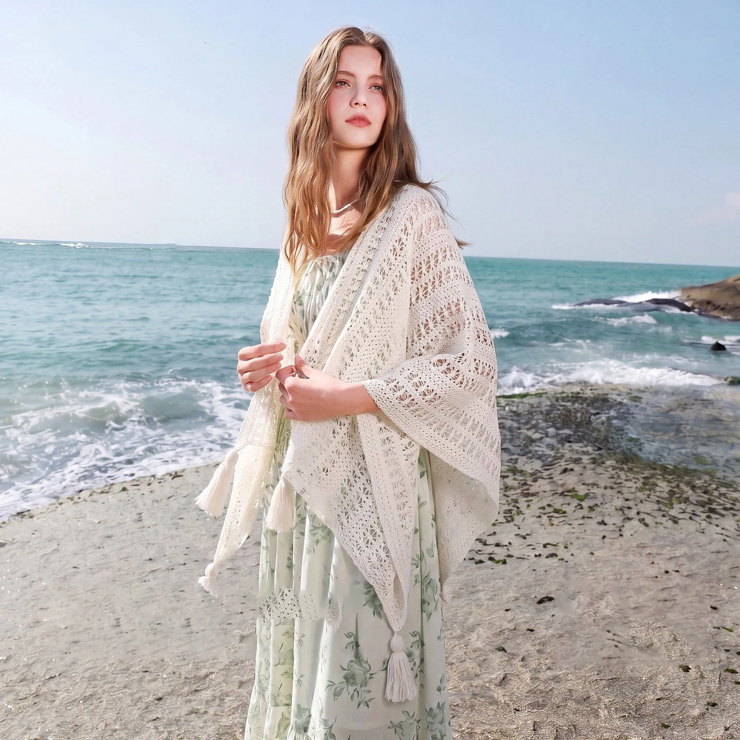 Hollow Crochet Tassel Shawl Poncho Knit Open Front Cape Cardigan Bohemian Beach Cover Up Summer Travel Sunscreen Wrap Scarf