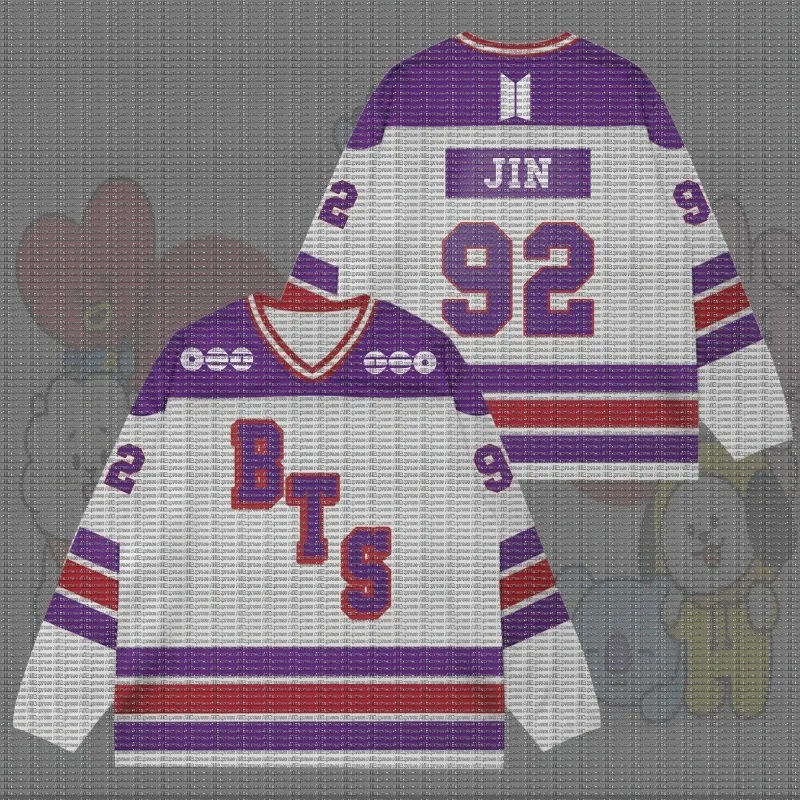 BTS Purple, White, and Red Contrasting Ice Hockey Jersey, V-neck Long Sleeved Jersey, Member Name and Number, Fan Support Top