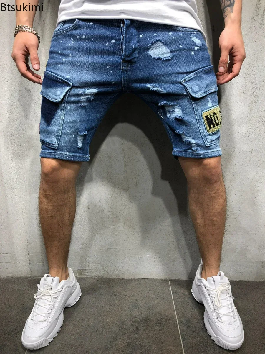 2025 Men's Summer Short Jeans High Stretch Fashion Casual Denim Shorts Male Slim Fit Elastic Badge Pockets Hole Shorts for Men