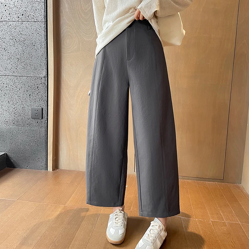 

Japanese Style Ankle-Length Pants Office Ladies Pocket Wide Leg Elegant Trousers Casual High Waist Straight Pants
