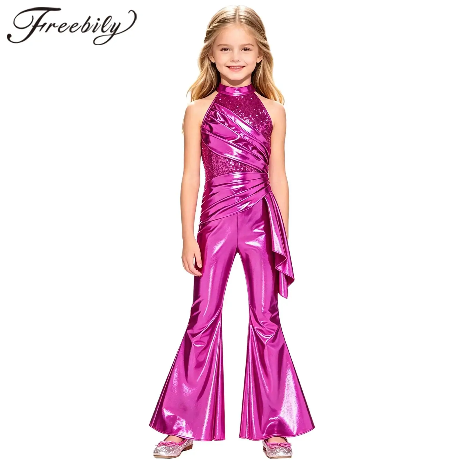 Kids Flared Pants Rompers for Jazz Dance Costume Girls Halter Jumpsuit Childs Sleeveless Sequined Metallic 70s 80s Disco Outfit