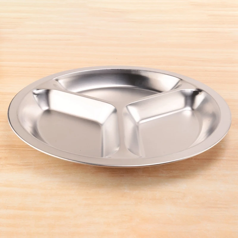 A74E-Stainless Steel 3 Sections Round Divided Dish Snack Dinner Plate Diameter