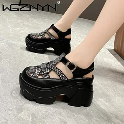 Luxury Womens Fashionable Mules Rhinestone Sandals Synthetic Platform Wedge Buckle Women's Casual Summer Slippers Zapatos Mujer