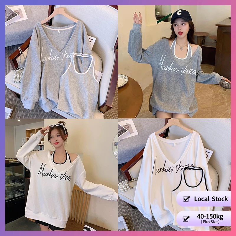 

【OversizeTwo-piece Sweatshirt】 (40-150kg) Plus size print korean outerwear long sleeve v neck pullover sweatshirt with tank top