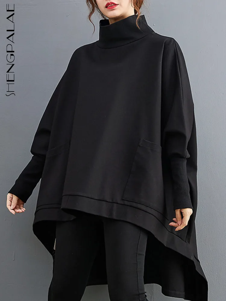 SHENGPALAE Turtleneck Full Sleeve Long Sweatershirt For Women Loose Spliced Pockets New 2024 Vintage Style Female Tops 5C1772