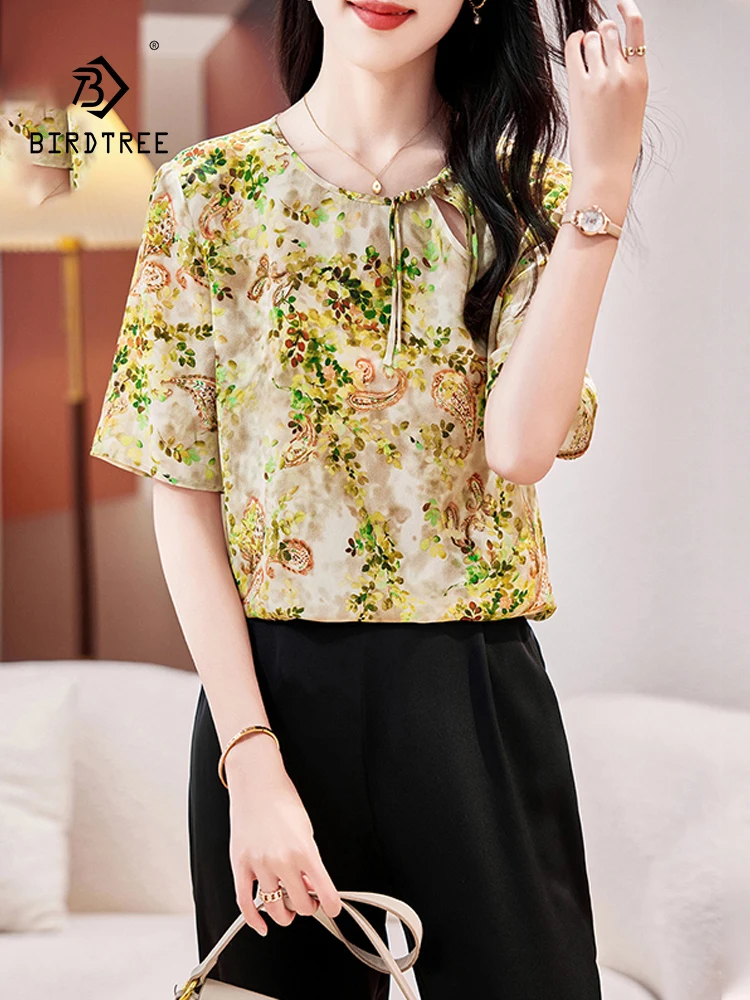 

BirdTree, 100%Real Silk Elegant Shirt, Women Short Sleeve O Neck Printed, Loose Chinese Style Mom Tops, 2024 Summer T46430QC