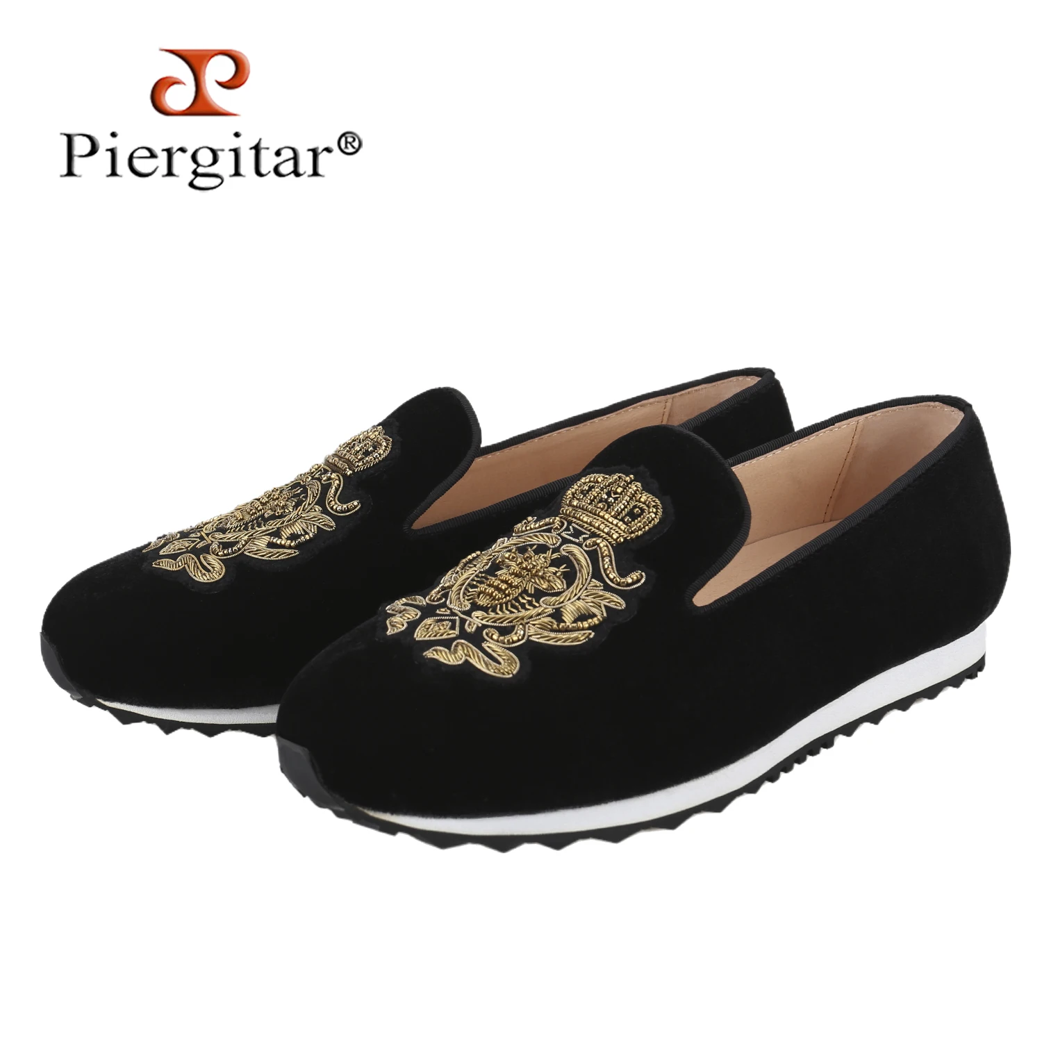Piergitar Cow Suede Slip-On Men's Sneakers With Handcrafted Royal Style Golden Threads Badge Black/White Mixed Colors Bottom