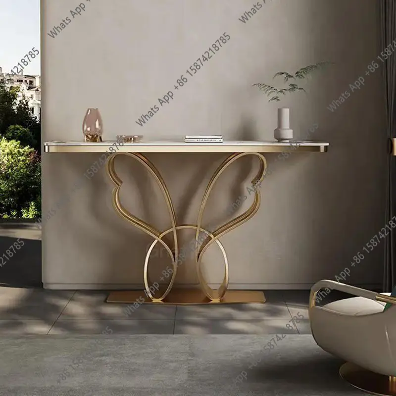 Modern light luxury stainless steel strip entrance corridor against the wall high-end modern rock slab end view platform