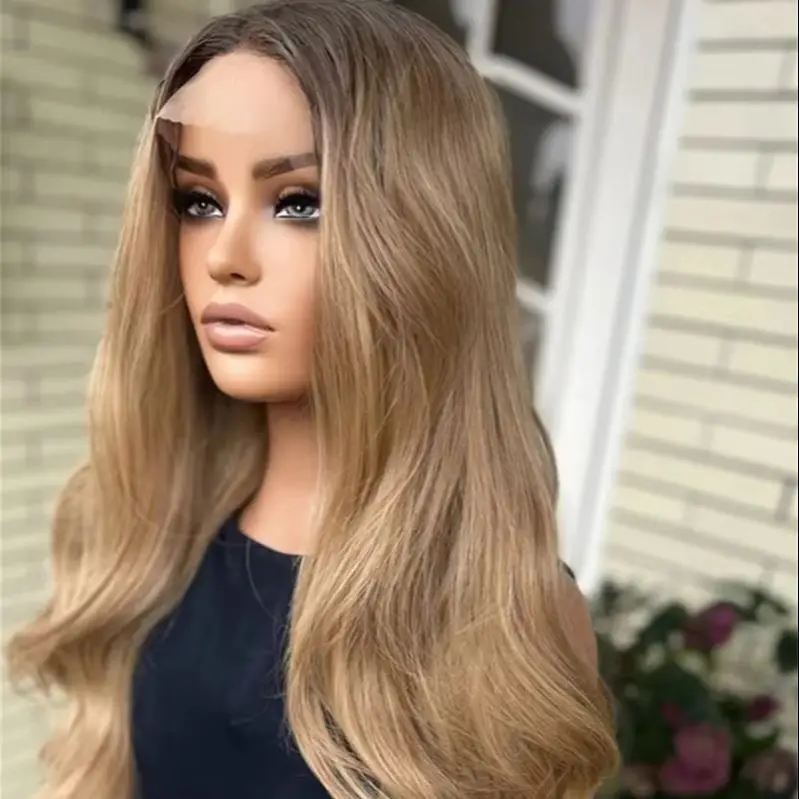 

Ombre Honey Brown Blonde Free Part Synthetic Lace Front Wig 28 Inch Body Wave Women's Wig Preplucked Hairline with Baby Hair