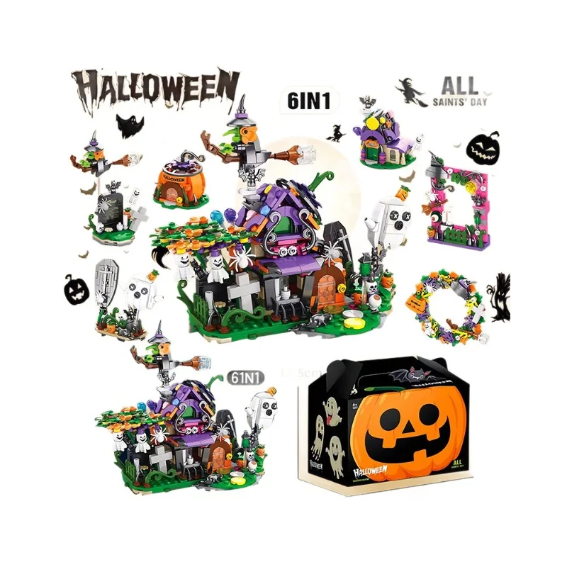 Maison hantée d'halloween et Train fantôme, ensemble de Mini blocs 6 en 1, Kit de construction effrayant avec Jack-o'-lanterne/chauve-souris/squelette