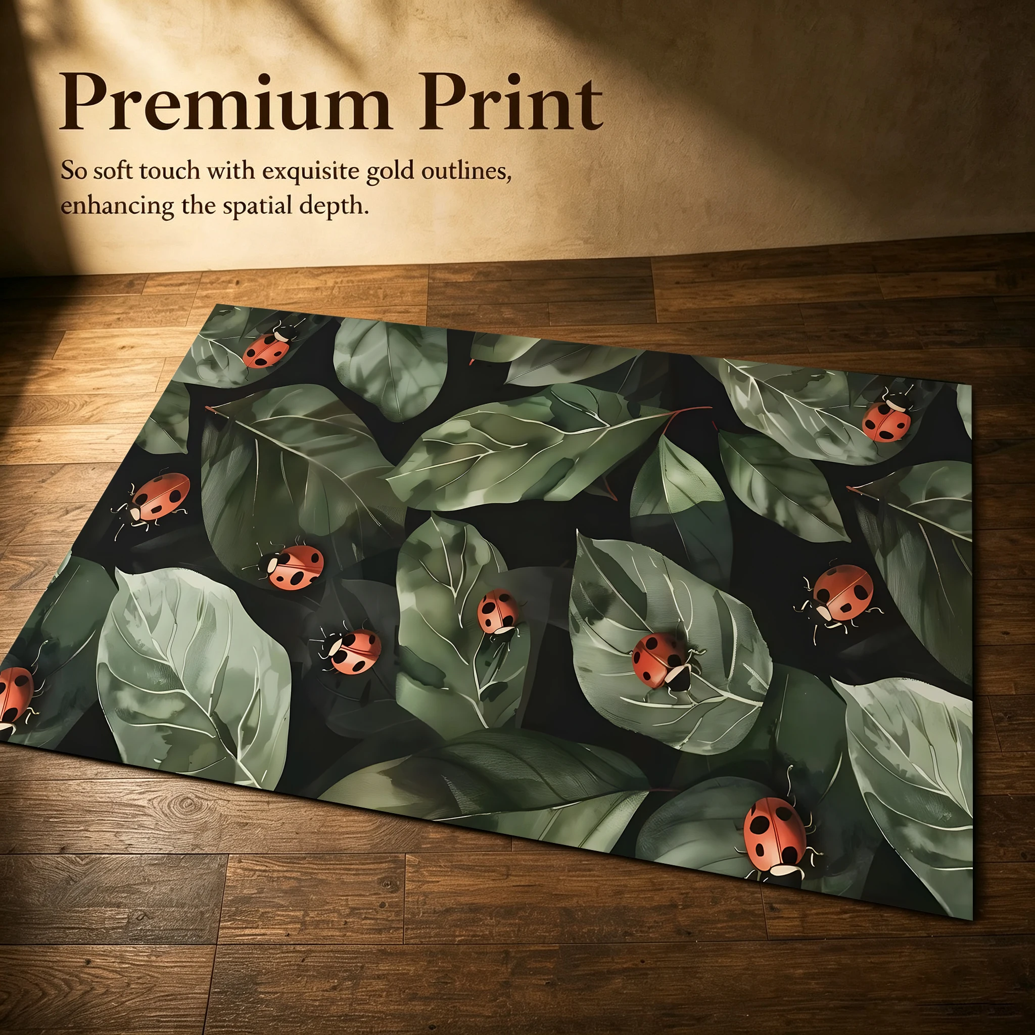 A Natural, Forest-Themed Velvet Rug with a Green Leaf and Ladybug Print, Suitable for the Living Room, Bedroom, and Entryway, Creating a Warm and Cozy Autumn Harvest Atmosphere