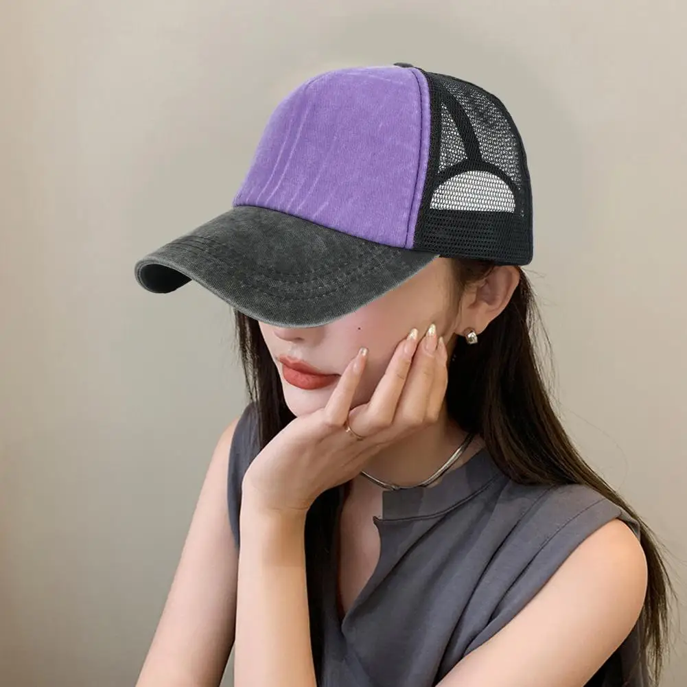 Women Mesh Baseball Hat Hollow Breathable Adjustable Contrast Color Lightweight Sun Anti UV Lady Outdoor Travel Hat