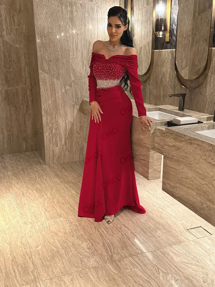 Robes de soirée rouges épaules dénudées à manches longues robe de bal élégante Gala Arbic robe de soirée d'invité de mariage robes de soirée personnalisées