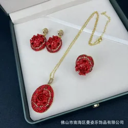 Peony inlaid Nanhong gravel classic three-piece set new Chinese retro high-end jewelry vintage jewelry