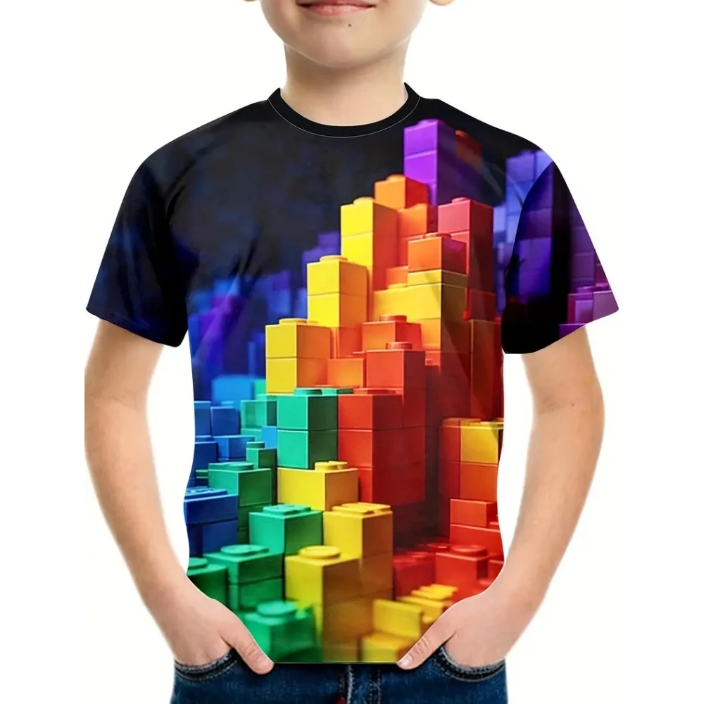 Boys Trendy Building Block 3D Print T-Shirt Street Style Round Neck Children's Clothing Short Sleeve Tee Top Summer Boys Clothes