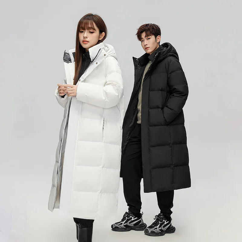 

2025 Winter Unisex Long Over Knee Hooded Down Cotton Jacket Korean Style Thickened Warm Casual Couples Parka Coat