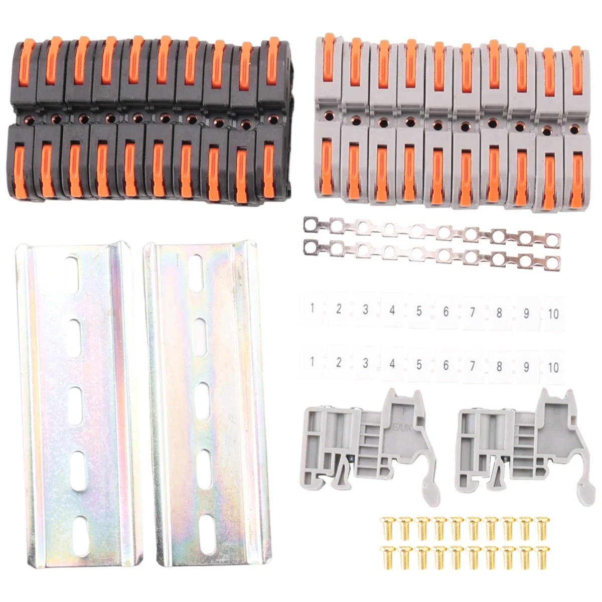 

DIN Rail Terminal Blocks Kit, with Universal Compact Connectors, Connection Bar, Marker Strip, Screws, 28-12 AWG