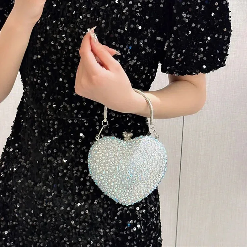 Gold Purple Luxury Diamond Inlay Heart Shape Crystal Clutch Purse Evening Wedding Party Shoulder Bag Rhinestone Clutches Bags