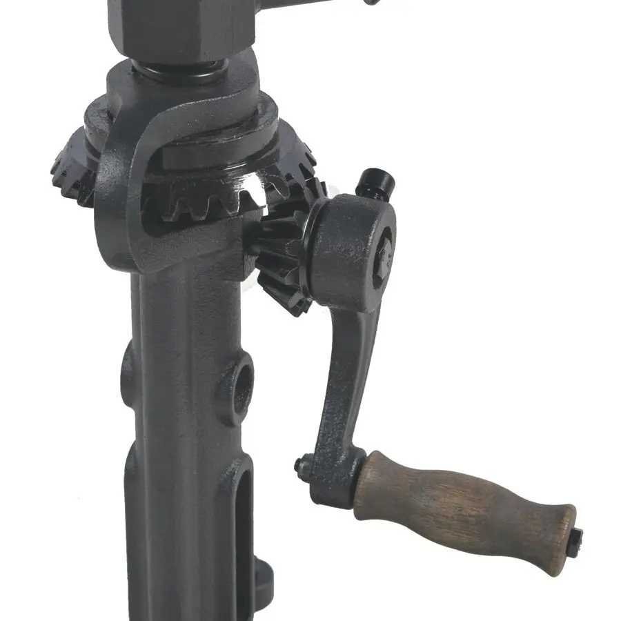 ヴィンテージ風インダストリアル調、高さ調節可能なクランク式テーブル。家庭用またはカフェ用。丸型鉄製ビストロダイニングデスク。機械風ハンドル付き。