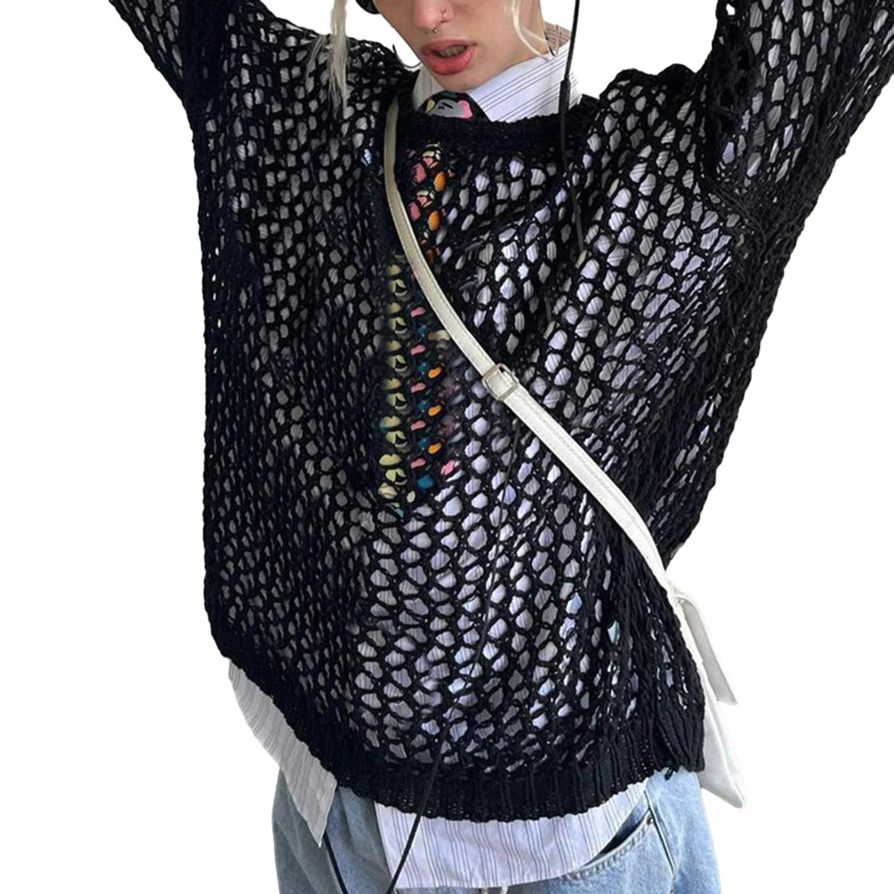 Sweater Top Fishnet Long Sleeve Loose O-Neck Oversized Regular Streetwear Summer Cover Up Crochet Beach Holiday