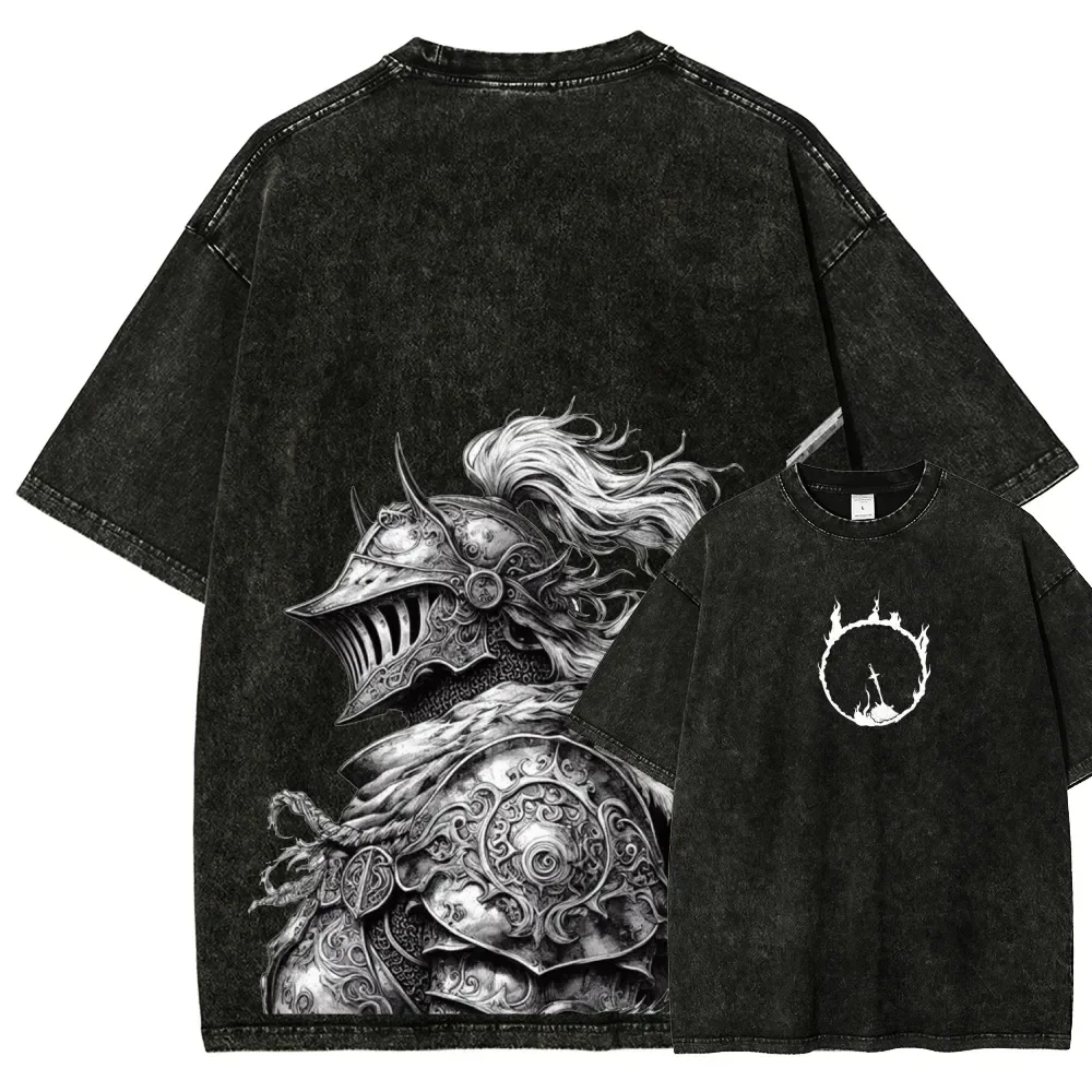 Classic Role Playing Games Dark Souls Graphic Print Vintage Washed T-shirt Men Women Fashion O-neck Cotton Oversized Casual Tees