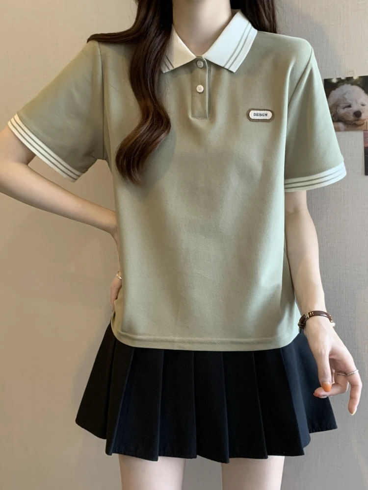 

Slimming Effect Neck Short Sleeve T-Shirt Women's Summer New Style plus Size College Style Top Korean Version Loose Fit