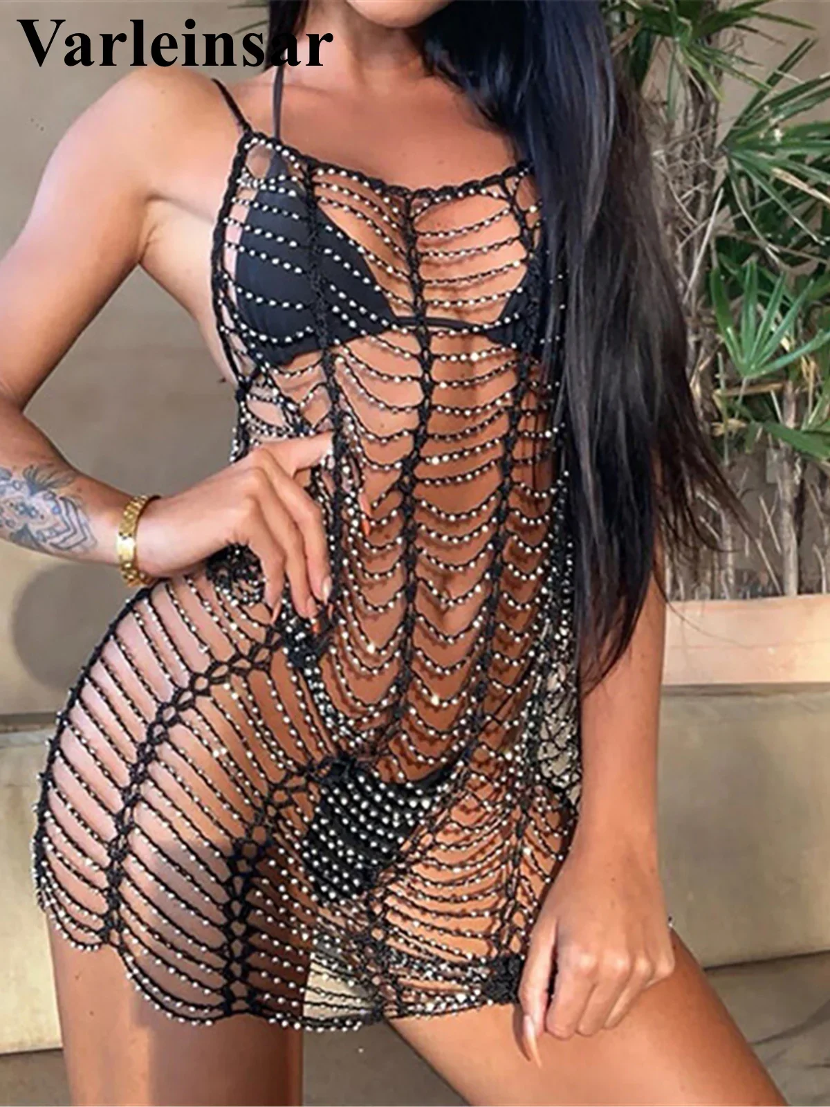 

Luxury Bling Diamond Rhinestones Hollow Out Tunic Beach Cover Up Cover-ups Beach Dress Beach Wear Beachwear Female Women V4747SW